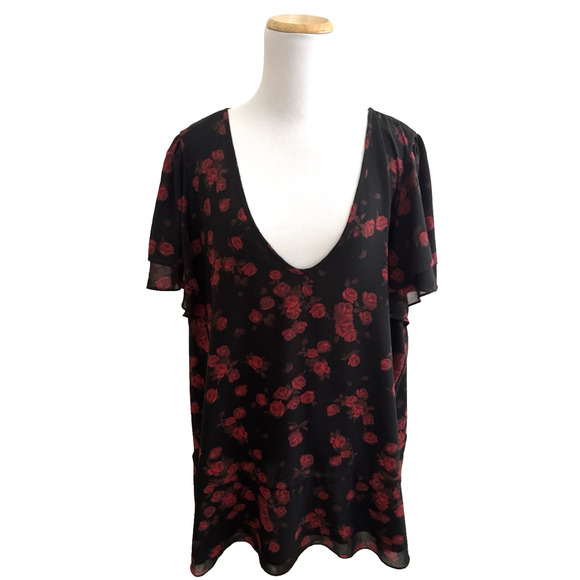 Michael Kors Peplum Top 3X Black Red Roses Sheer Chiffon Lined Flutter Sleeves - Picture 1 of 10